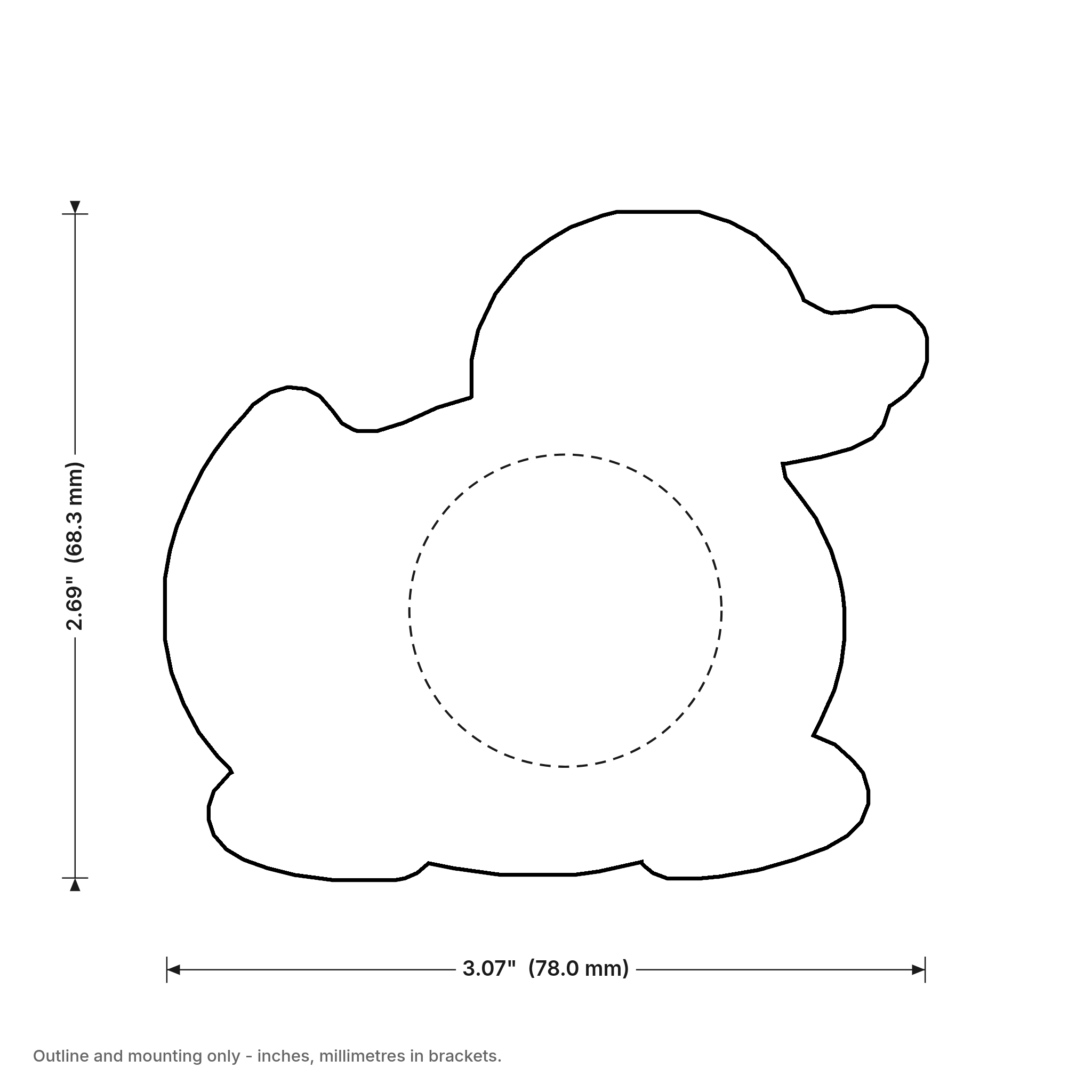 Griftmeter Rubber Duck dimension drawing, 3.07 by 2.69 inches