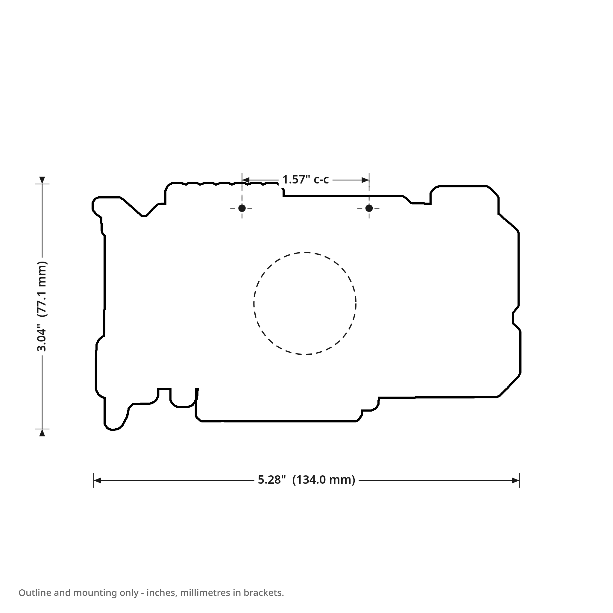 Griftmeter GPU dimension drawing, 5.28 by 3.04 inches