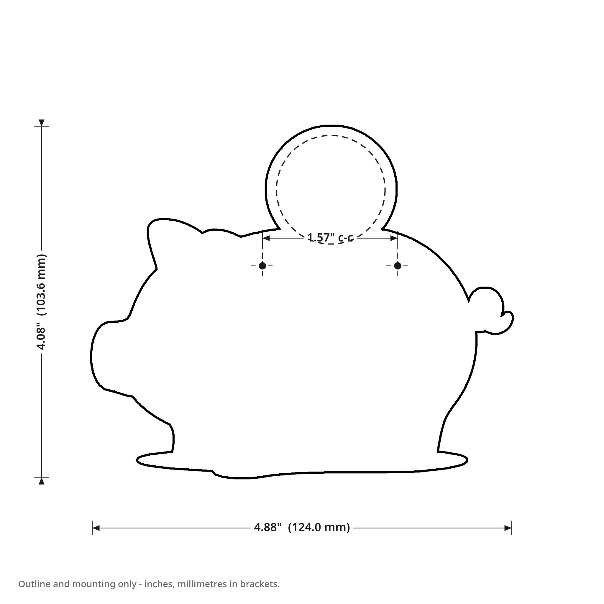 Griftmeter Piggy Bank dimension drawing, 4.88 by 4.08 inches