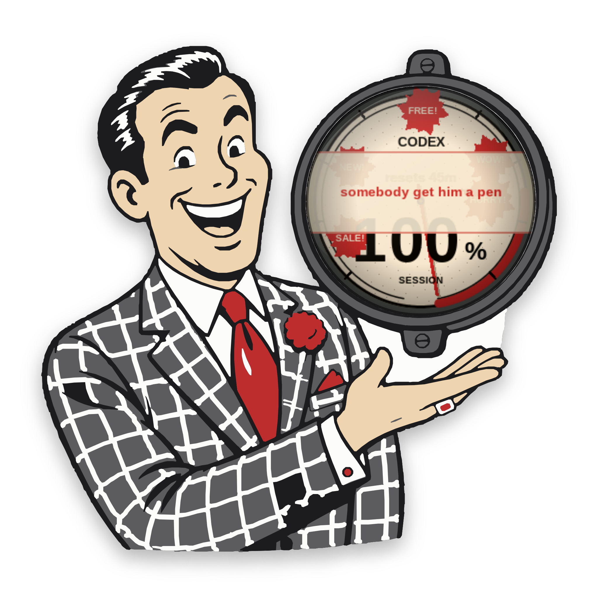 Griftmeter Salesman with a line of snark on screen