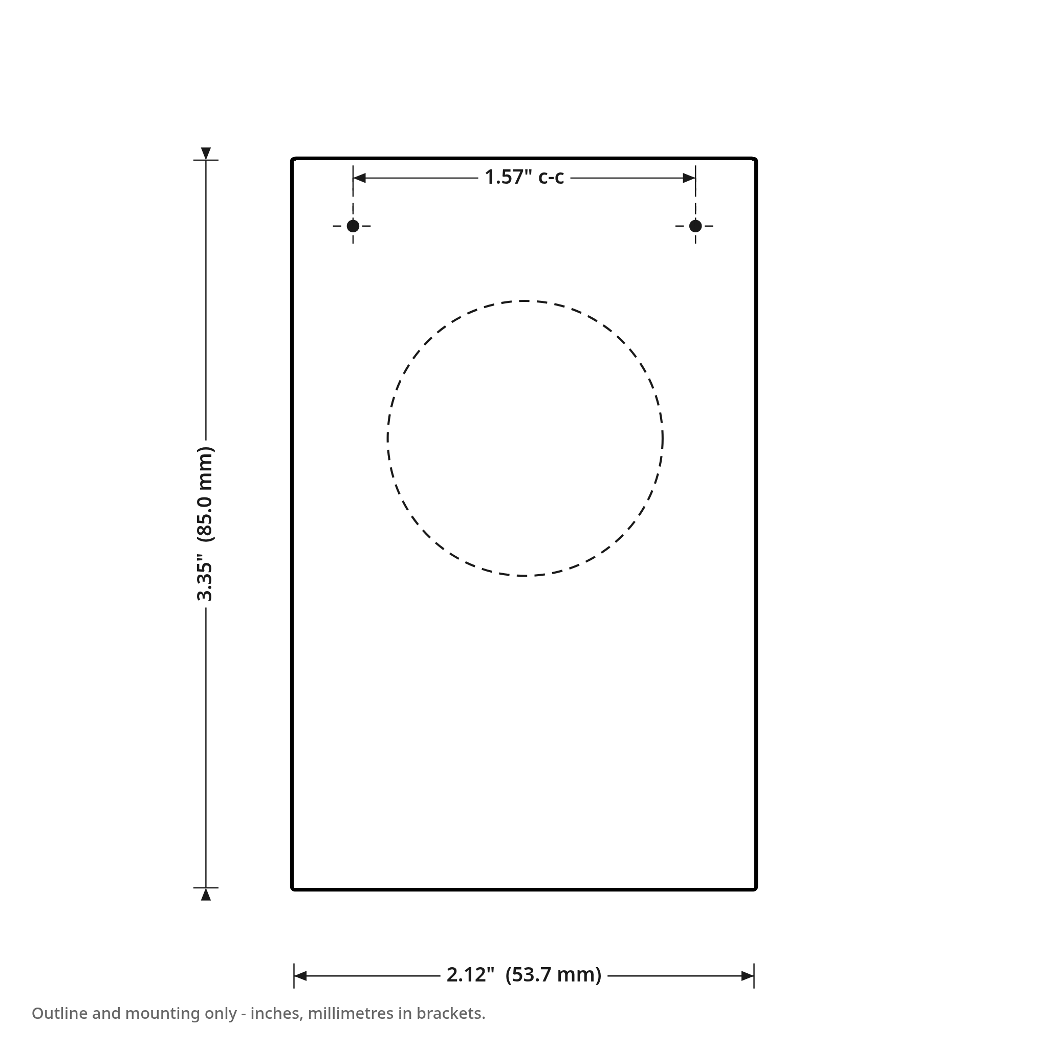 Griftmeter Sentinel dimension drawing, 2.12 by 3.35 inches