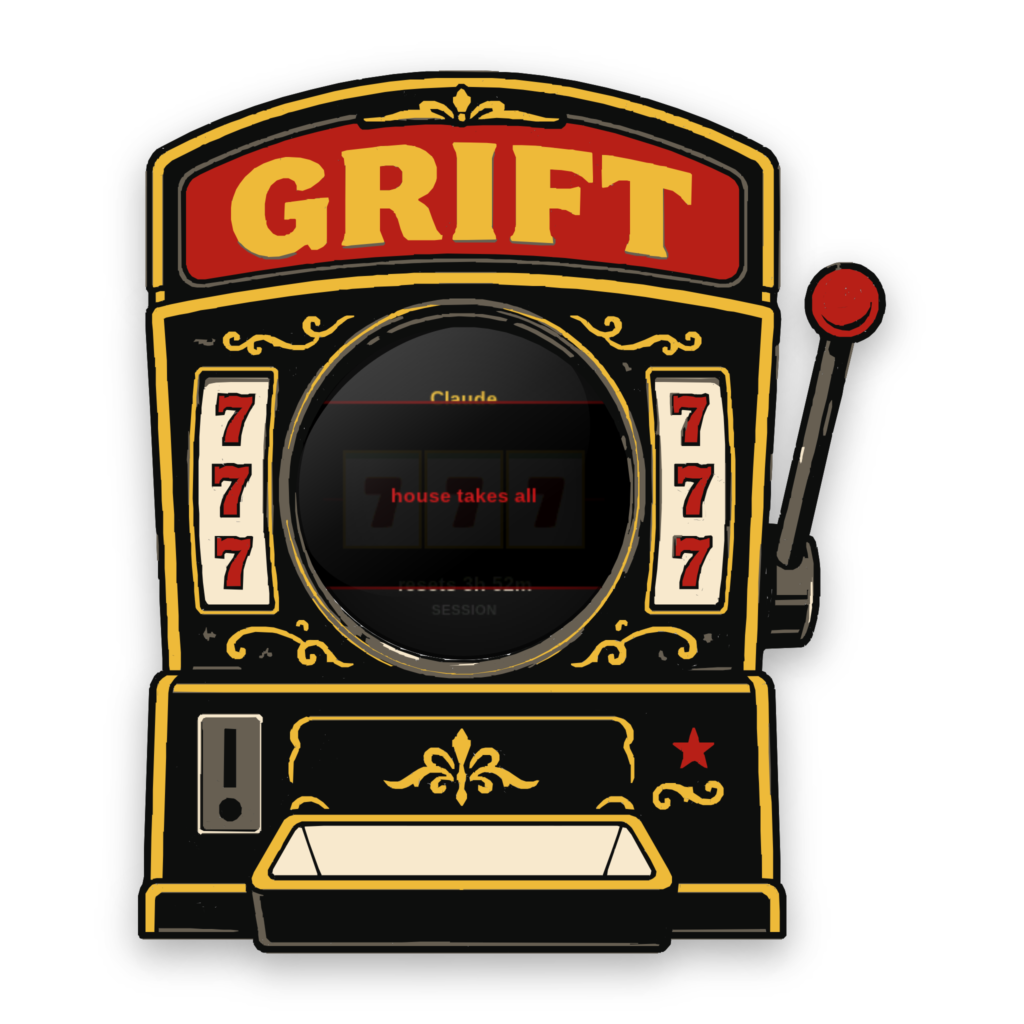 Griftmeter Slot Machine with a line of snark on screen